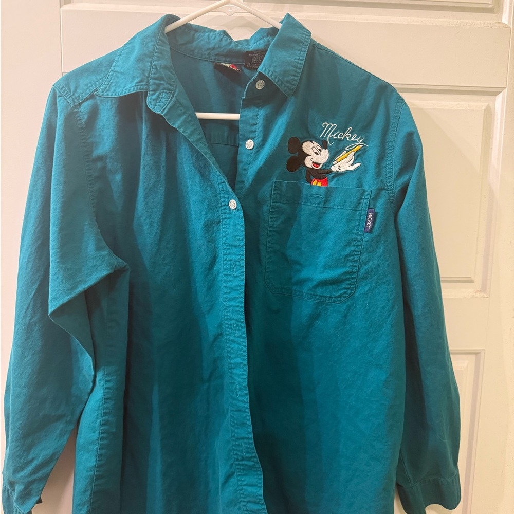 Vintage 100% Cotton Artist/Teacher Disney Mickey Mouse Teal Button Down